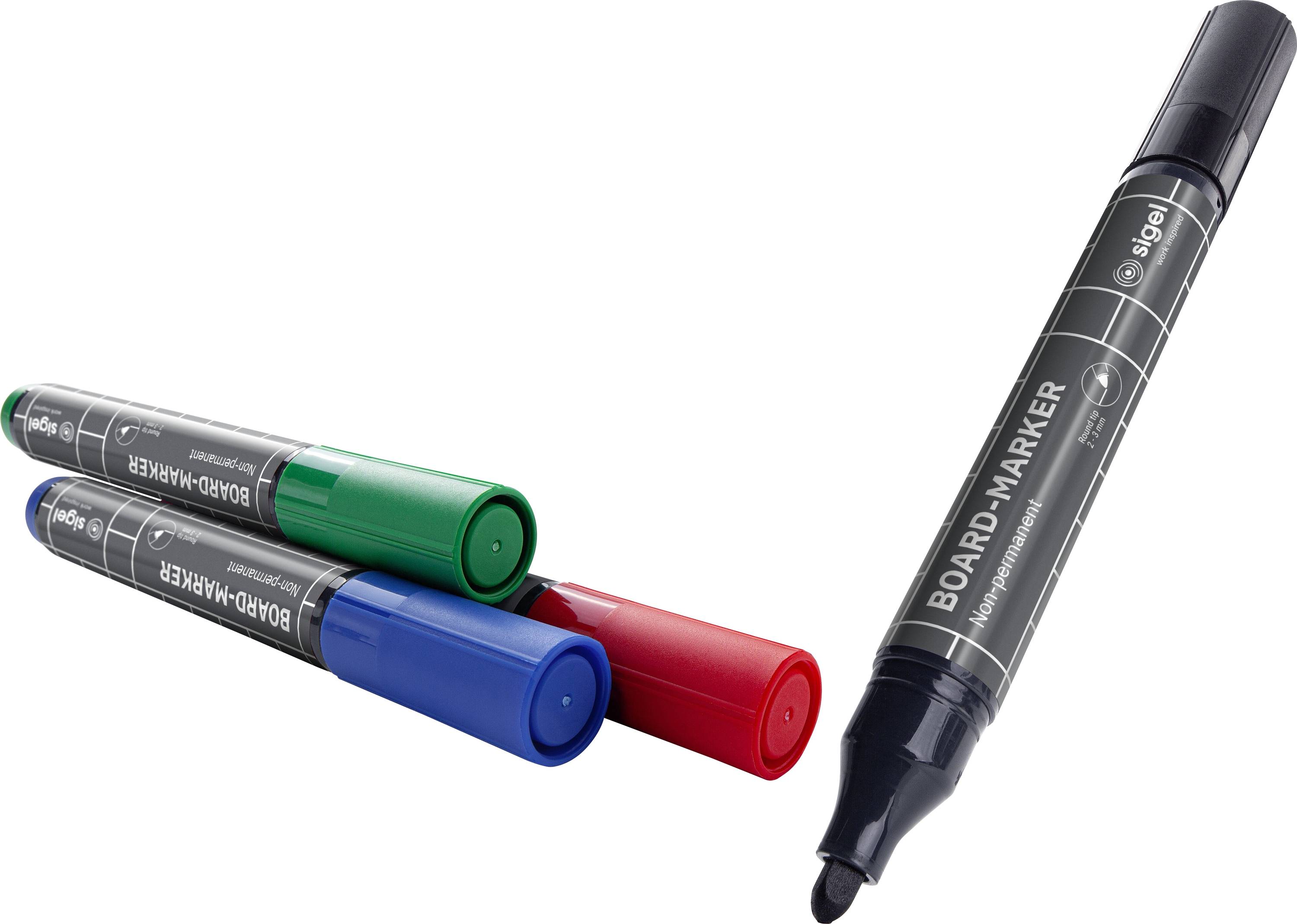 Vier farbige Board-Marker in einer geöffneten Schachtel. Etikett mit Produktinformationen in mehreren Sprachen.