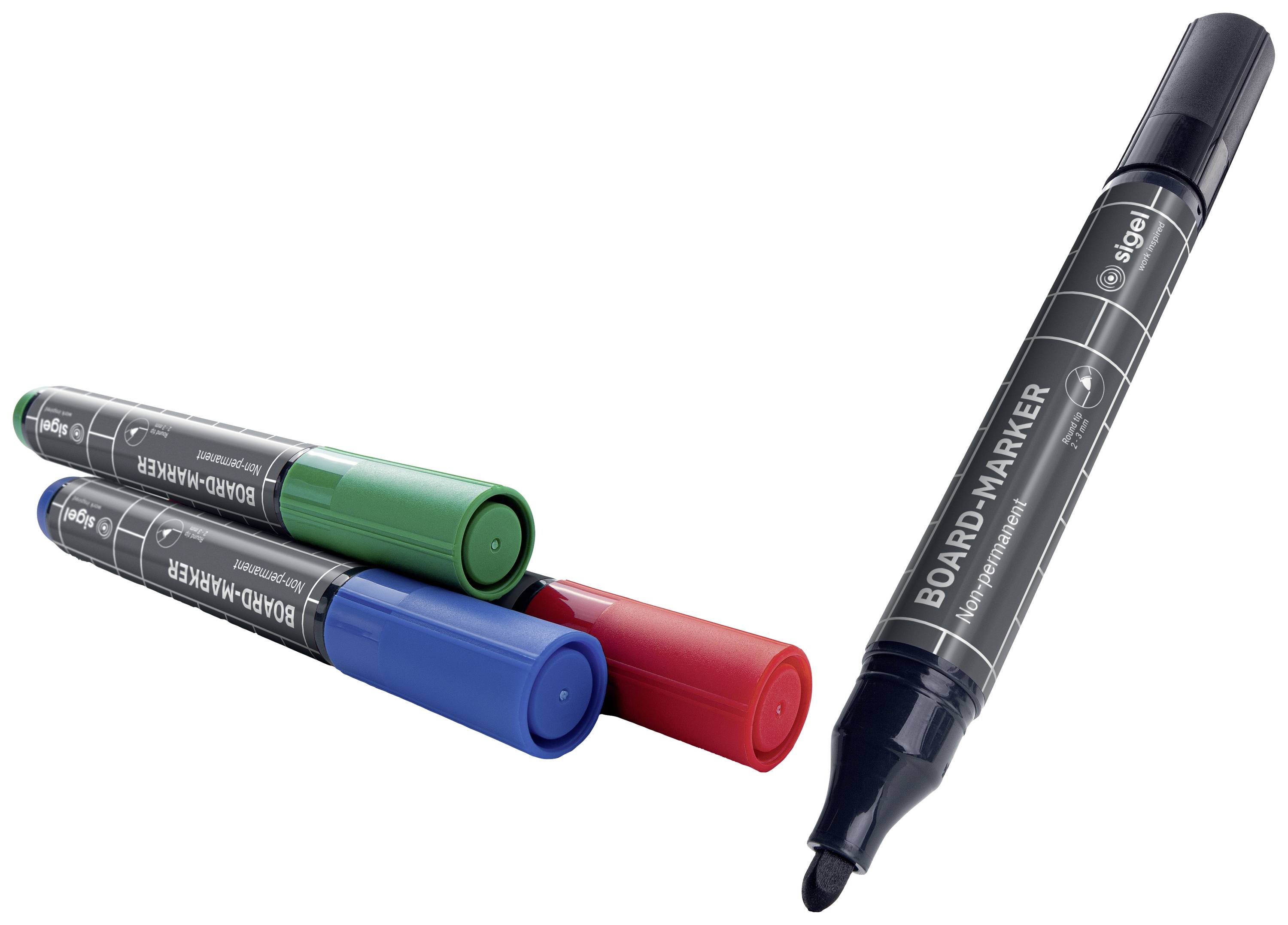 Vier Boardmarker in verschiedenen Farben (schwarz, rot, grün, blau) liegen auf einer weißen Oberfläche.