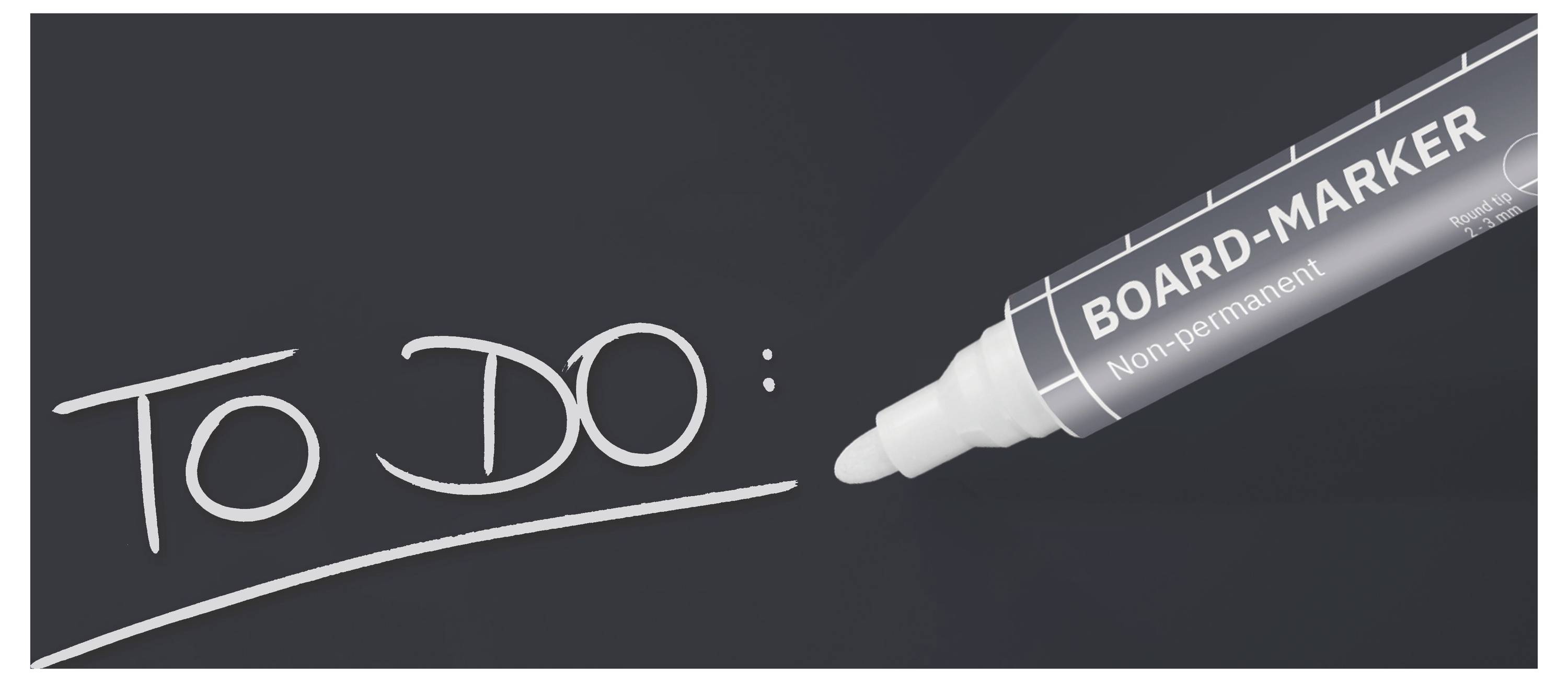 Ein Whiteboard-Marker schreibt "TO DO" auf ein dunkles Board und zeigt eine einfache Aufgabenliste oder Erinnerung.