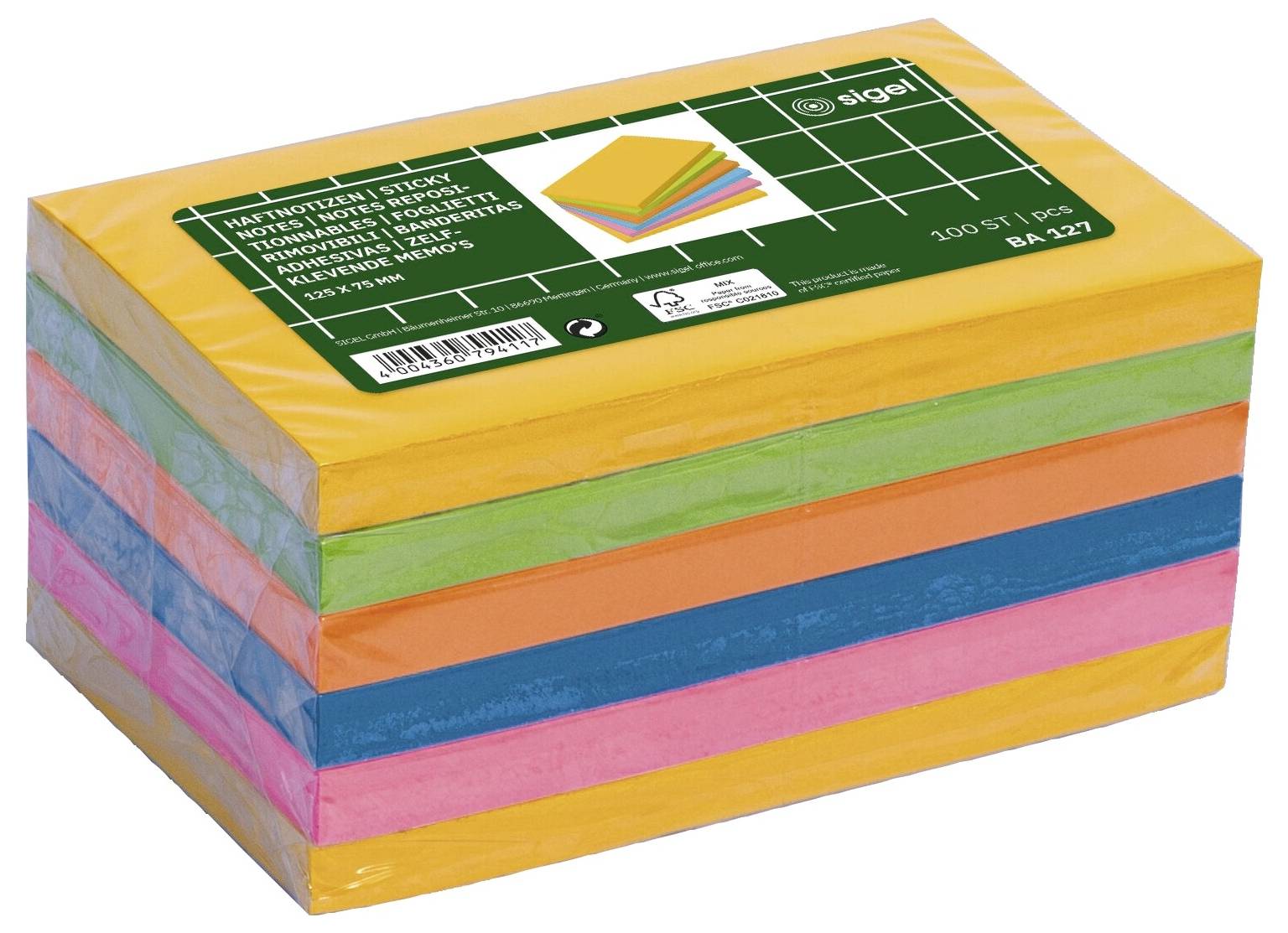Ein Stapel farbenfroher Haftnotizblöcke in einer Packung, mit gelben, grünen, orangefarbenen, blauen, rosa und orangefarbenen Blättern sichtbar.