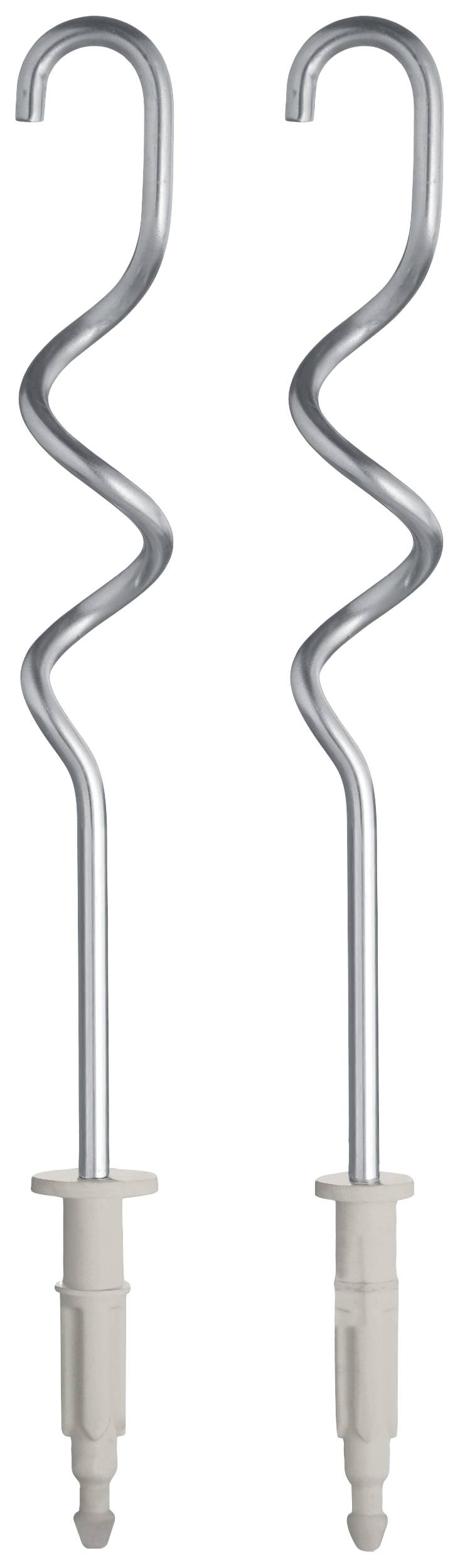 Zwei spiralige Knethaken aus Metall, passend für Mixer. Sie haben einen Kunststoffschaft mit Befestigungsmechanismus am Ende.