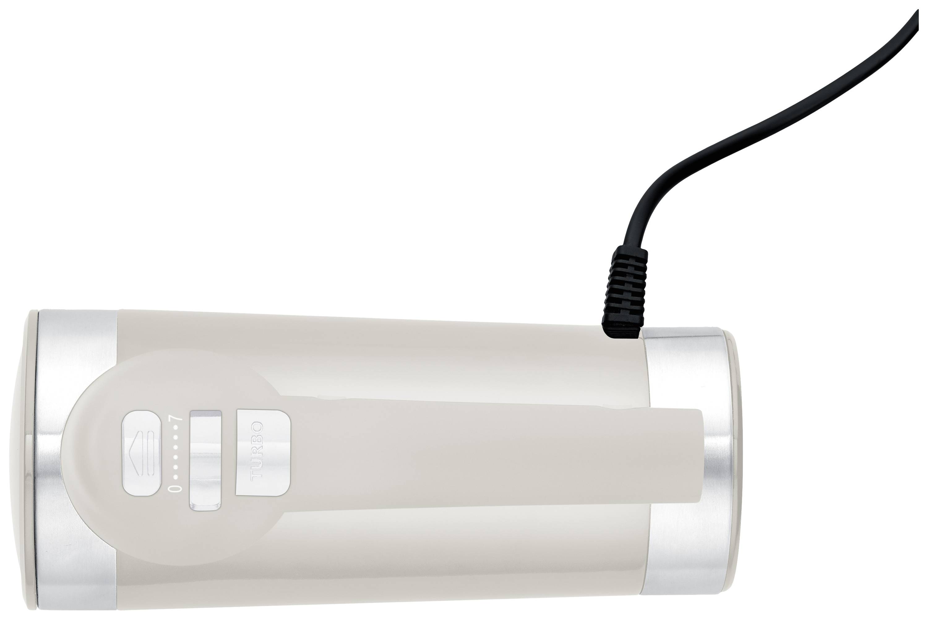 Ein kabelloser Wasserkocher in Cremeweiß, seitlich liegend mit angeschlossenem Stromkabel.