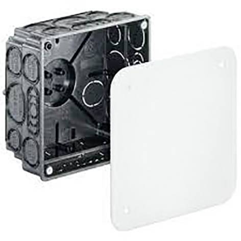 Eine quadratische, schwarze Kunststoffwanddose mit einem abnehmbaren weißen Deckel, der daneben gezeigt wird.