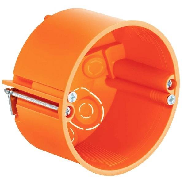 Runde, orange Hohlraumdose mit Metallklemmen zur Befestigung, wird in Wänden zur Installation von Steckdosen oder Schaltern verwendet.