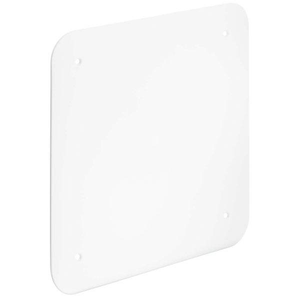 Ein weißes, quadratisches Kunststoffschild mit abgerundeten Ecken und vier Befestigungslöchern, ohne sichtbare Beschriftung.
