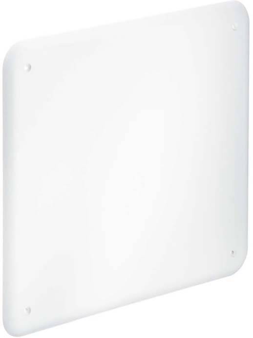 Weiße quadratische Abdeckung mit abgerundeten Ecken, möglicherweise für Elektronik oder Lüftung gedacht.
