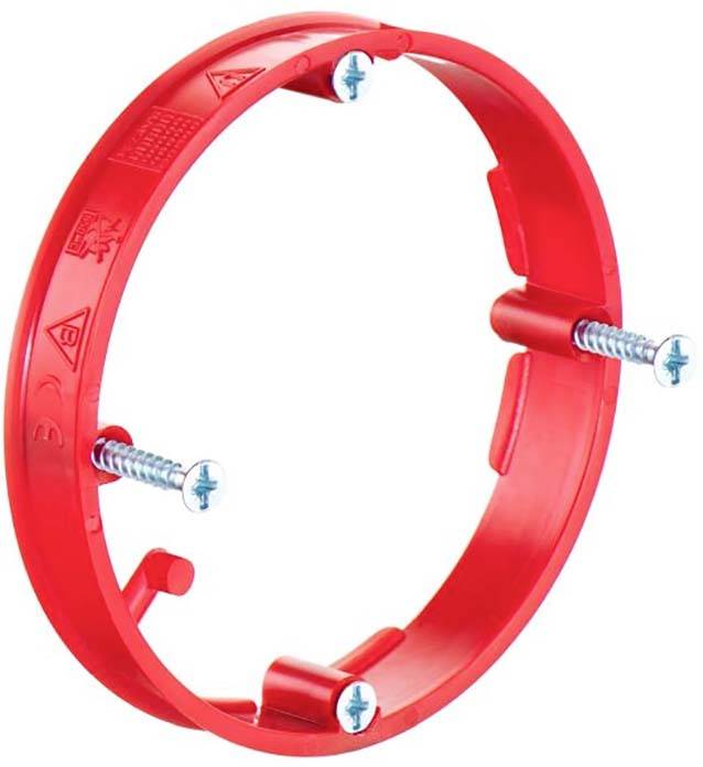 Roter Kunststoffring mit drei Schrauben zur Befestigung, typischerweise verwendet für Montagen oder elektrische Installationen.