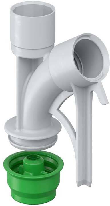 Grauer Siphon aus Kunststoff mit grünem Verschlussventil, geeignet für Sanitärinstallationen. Ideal für Küche oder Bad.