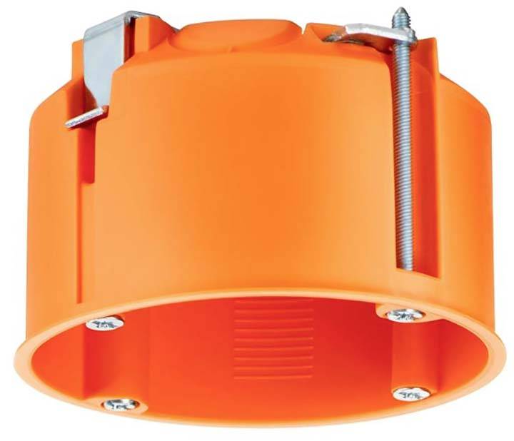 Orange, zylinderförmige Elektrikdose mit vier Schrauben und einer metallischen Halterung an der Seite.