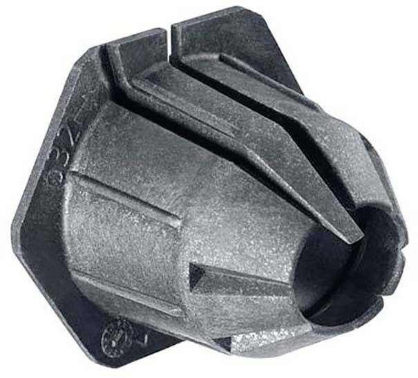 Zylinderförmiges, graues Kunststoffteil mit mehreren Rillen und kantigem Rand, möglicherweise ein technisches Bauteil oder Adapter.