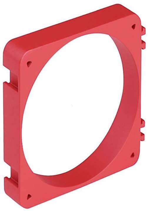 Roter quadratischer Lüfterrahmen aus Kunststoff mit runden Aussparungen in der Mitte, zum Einbau in technische Geräte.