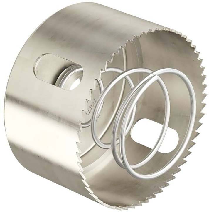 Metallisches Lochsägeblatt mit gezackten Kanten und zwei offenen Schlitzen. Hauptsächlich verwendet zum Schneiden von runden Löchern in Materialien.