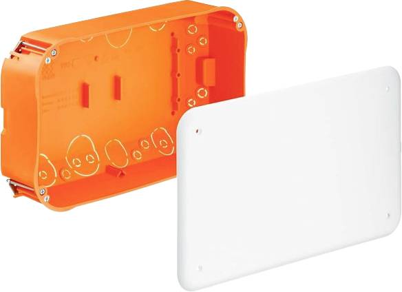 Elektrische Unterputzdose in Orange mit abnehmbarer weißer Abdeckung, zeigt Schraubenlöcher und Kabeldurchführungen.