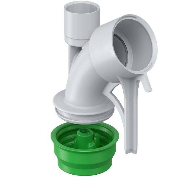 Weißes Sanitärverbindungsstück aus Kunststoff mit grünem Verschluss, verwendet in Abwasserrohren für sichere Verbindungen.