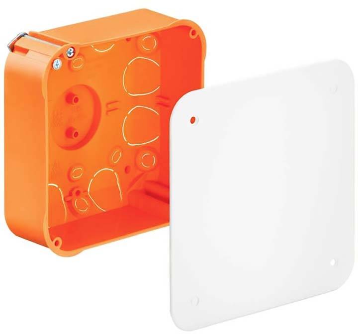 Orangefarbene Installationsdose aus Kunststoff mit abgenommener, weißer Abdeckplatte.