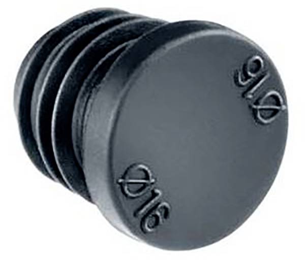 Schwarze, runde Kunststoffkappe mit gerändeltem Rand, Durchmesserzeichen 'Ø16'. Verwendet zur Abdeckung von offenen Rohrenden.