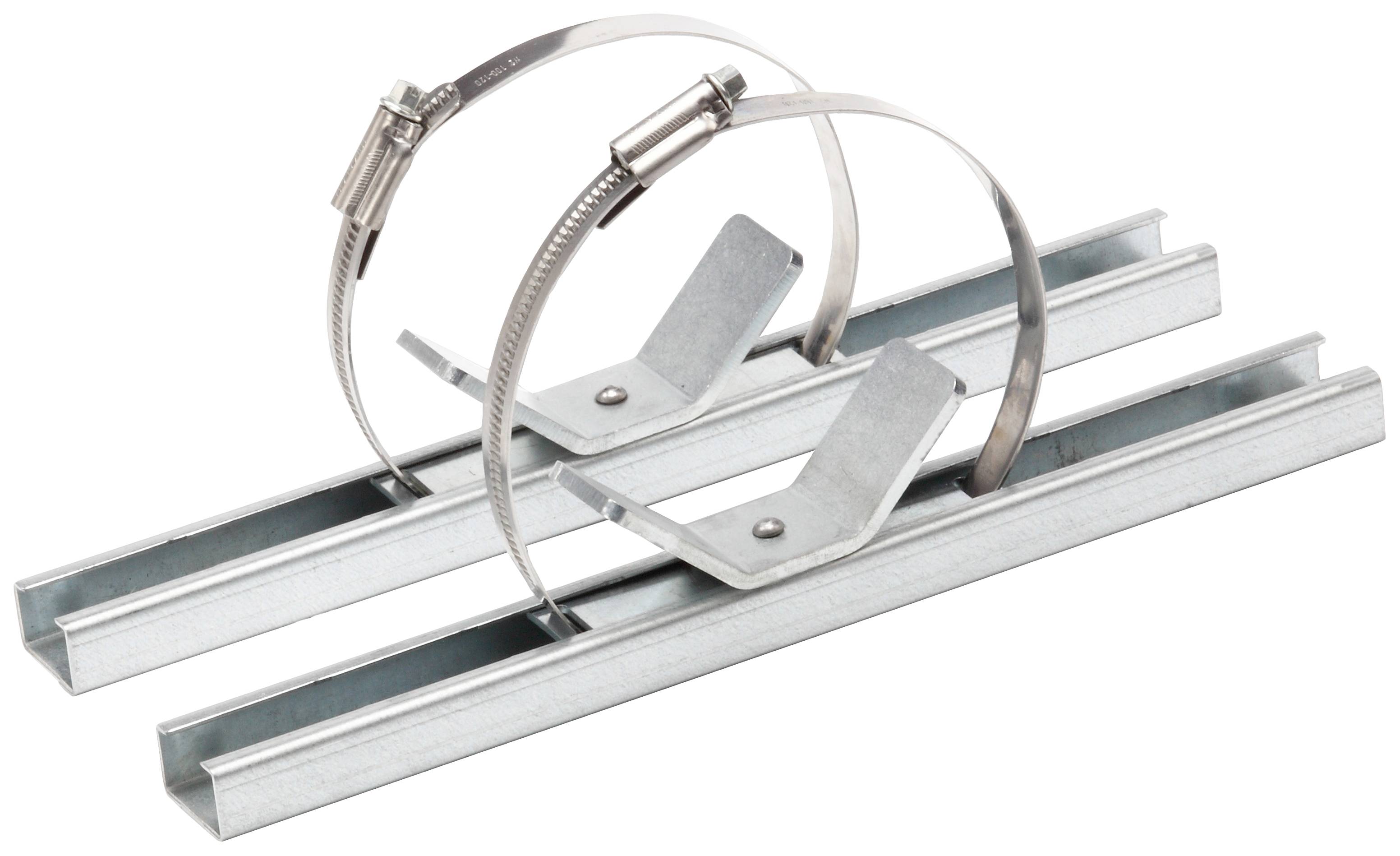 Zwei Halterungen mit Metallbändern und Schienen, möglicherweise für die Befestigung an Wänden, Decken oder anderen Oberflächen.