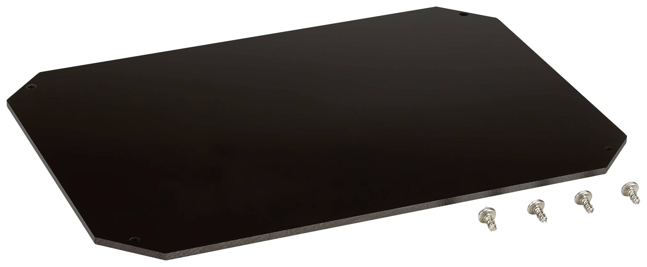 Eine schwarze rechteckige Platte mit abgeschrägten Ecken liegt neben vier kleinen Schrauben auf weißem Hintergrund.