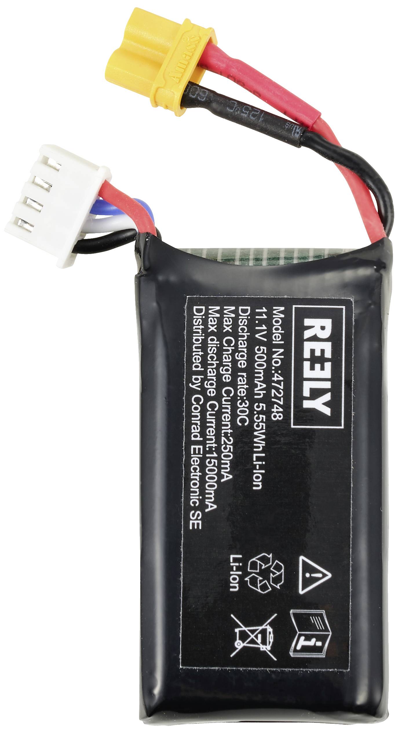 Eine schwarze Li-Ion-Batterie mit Etikett 'RELY', Modell Nr. 427248, 11,1V, 55,5Wh. Zwei Kabel und ein plastischer Stecker sind sichtbar.