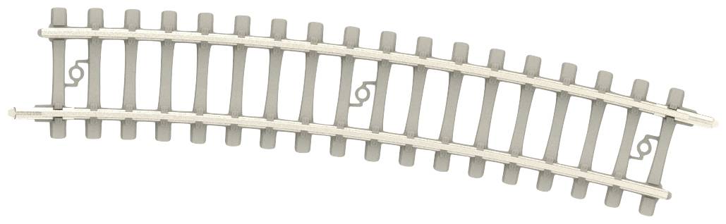 Ein gebogenes Segment einer Modelleisenbahnschiene, das leicht nach links neigt und auf einem weißen Hintergrund dargestellt ist.