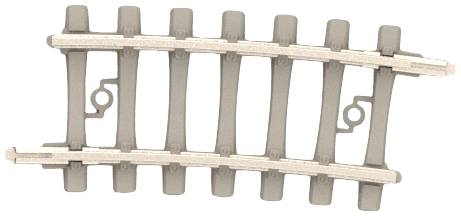 Ein kurviges Modellbahngleisstück, geeignet für Spielzeug- oder Modellbahnen. Dunkelgraues Material mit sechs Querträgern und zwei Schienen.