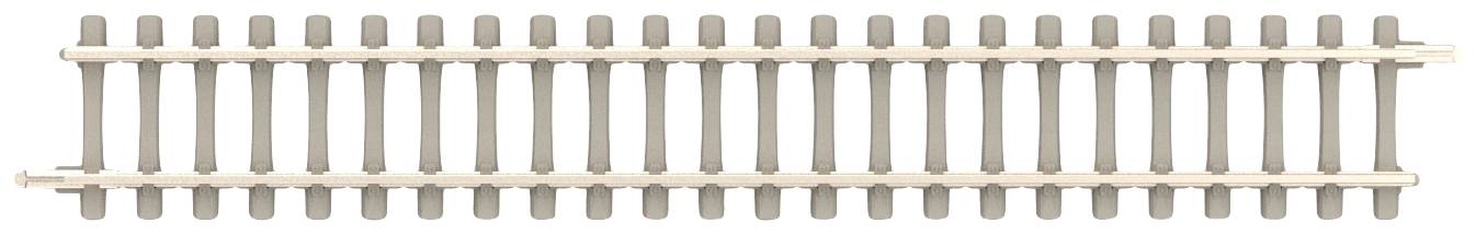 Ein einfaches Gleisstück aus Holz, das parallel angeordnete Schwellen und Schienen zeigt, verwendet für Modellbahnstrecken.