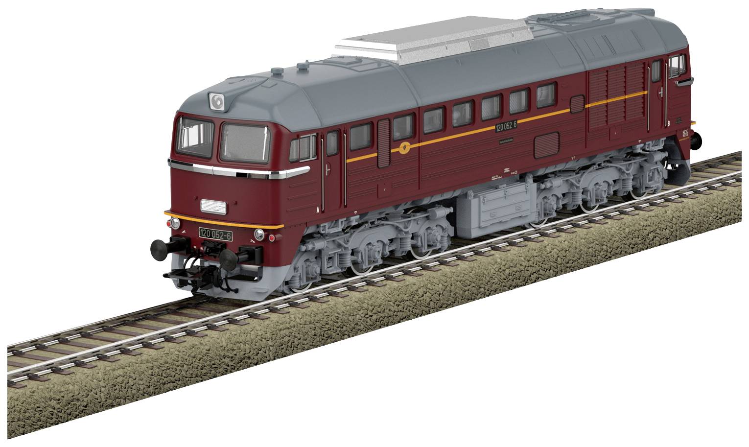 Rotes Modell einer Diesellokomotive auf einem Gleis, detailliert im Design, seitliche Ansicht, zeigt realistische Merkmale einer echten Lok.