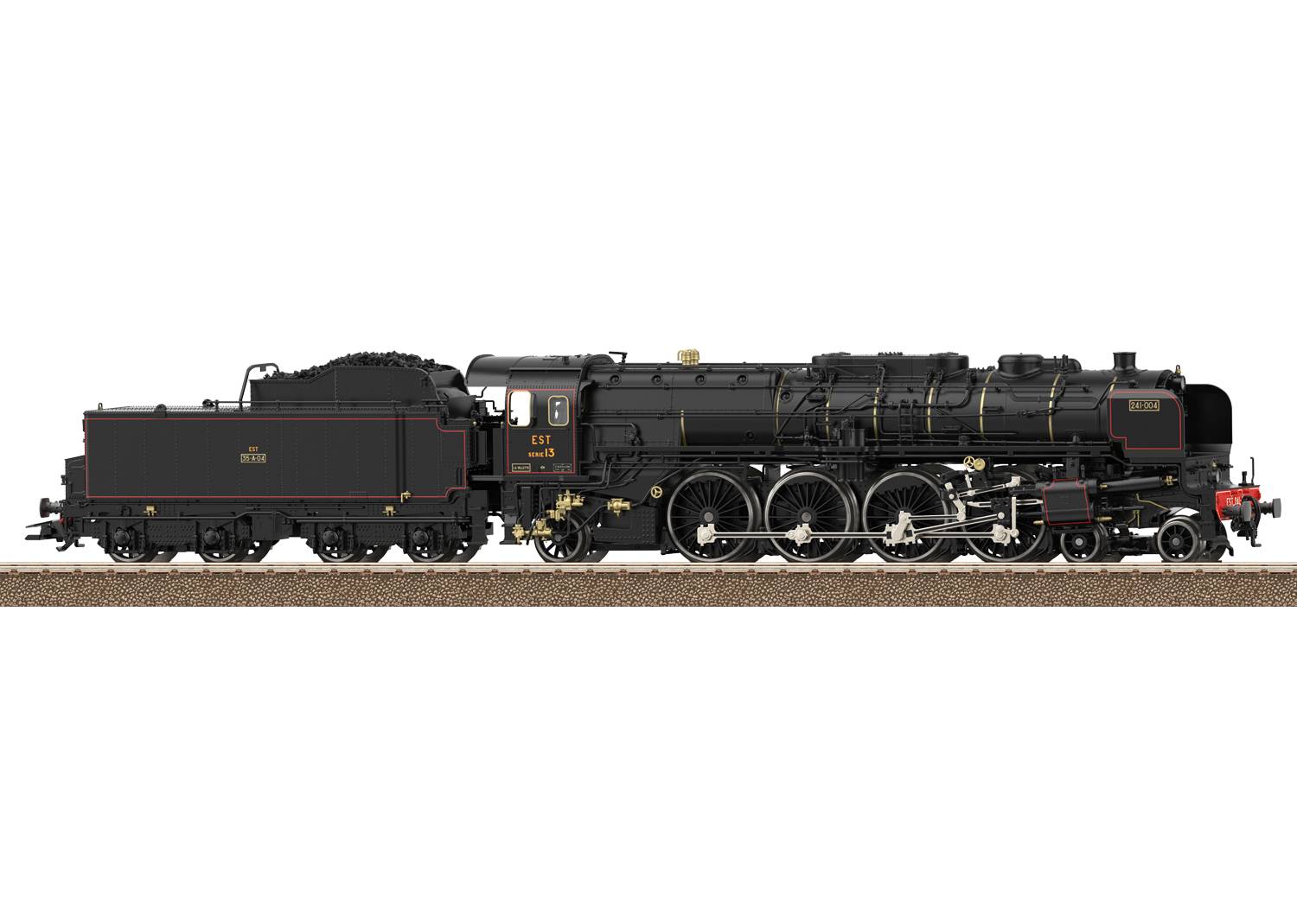 Ein schwarzes Modell einer Dampflokomotive seitlich auf Gleisen. Detaillierte Elemente wie Räder und Puffer sind sichtbar.