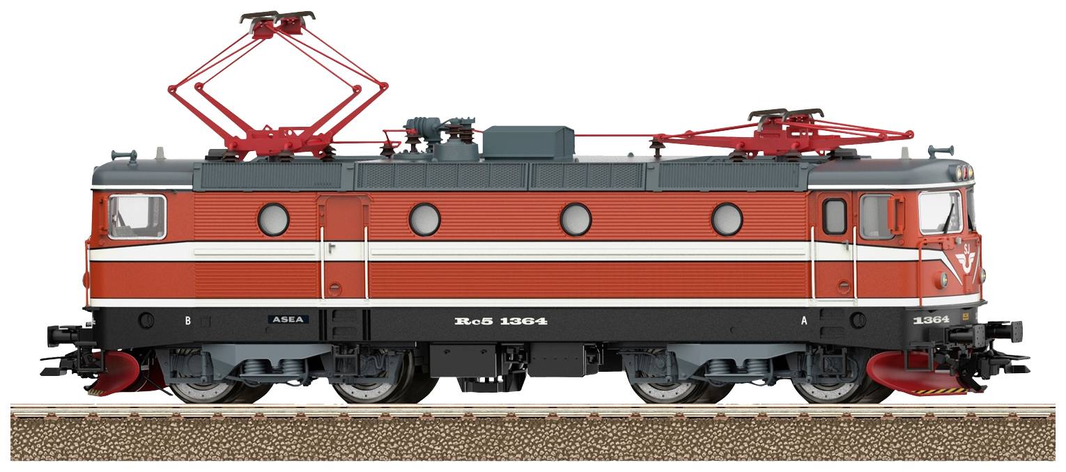 Ein Modell einer rot-weißen elektrischen Lokomotive mit zwei Stromabnehmern, auf einem Gleis stehend.  <br><br>