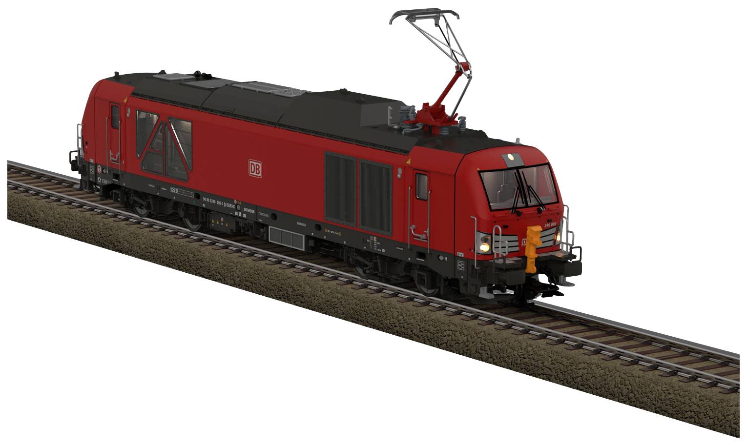 Rote Elektrolokomotive auf Bahngleisen, seitliche Ansicht, Oberleitung angehoben, mit DB-Logo an der Seite.