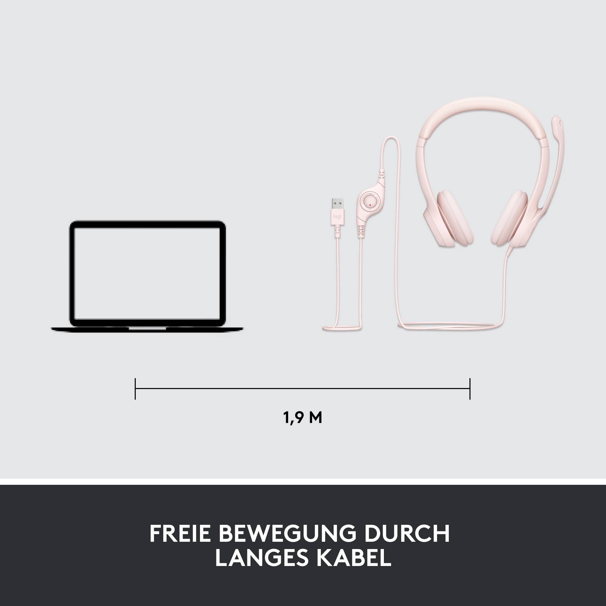Laptop und rosa Kopfhörer nebeneinander dargestellt. Kabel ist 1,9 m lang. Text unten: 'Freie Bewegung durch langes Kabel'.