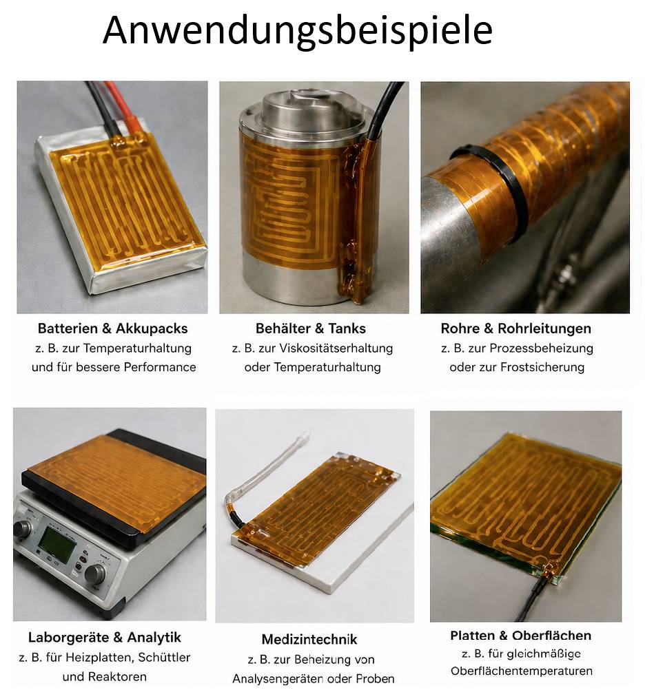 Anwendungsbeispiele für flexible Heizfolien auf Batterien, Tanks, Rohren, Laborgeräten, Medizintechnik sowie Platten und Oberflächen.