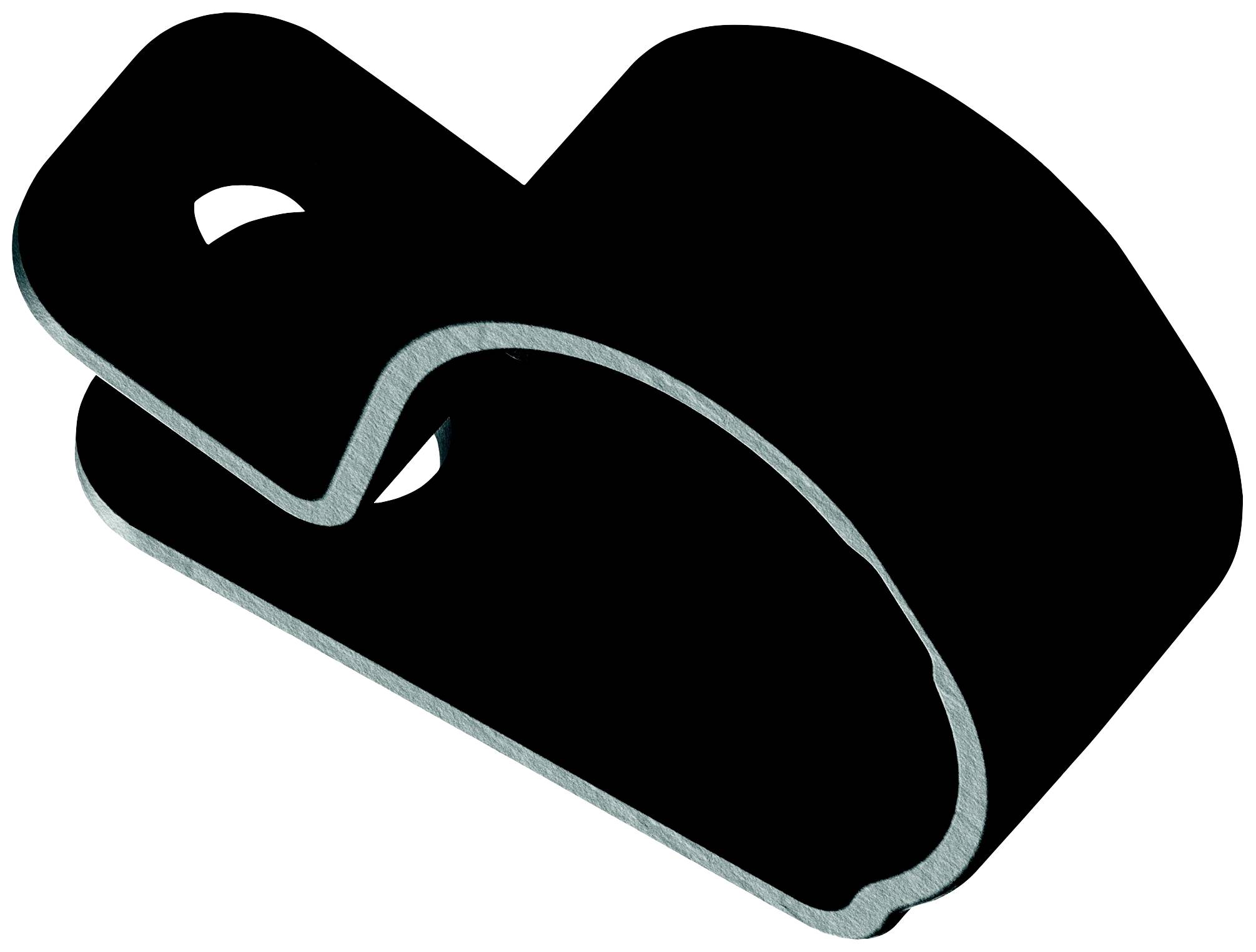 Ein schwarzer, abgerundeter Metallclip mit einem Loch am Ende. Verwendet zur Befestigung von Kabeln oder Schläuchen an einer Oberfläche.