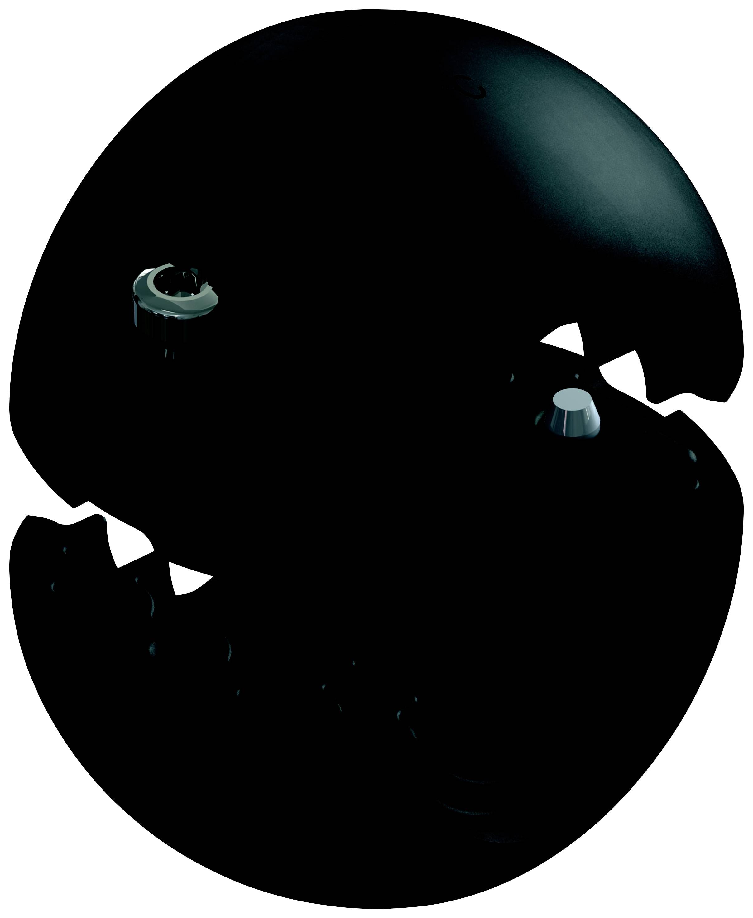 Schwarzes, eiförmiges Objekt mit offener, gezackter Kante, erinnert an ein Pac-Man-ähnliches Design. Innen sichtbare Drehknöpfe.