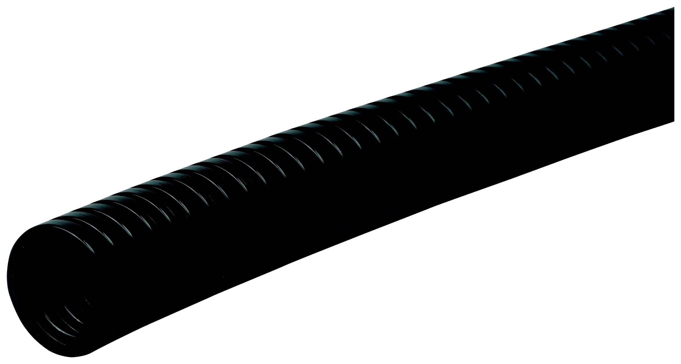 Schwarzer, gerippter Schlauch in geschwungener Form, möglicherweise für industrielle oder technische Anwendungen geeignet.