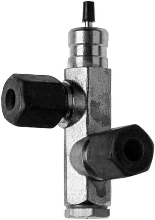 Metallischer Zylinder mit zwei schwarzen Armaturen, möglicherweise ein Teil eines Mechanismus oder Ventils.