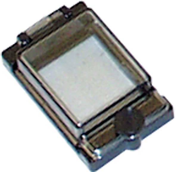 Ein kleines rechteckiges Metallbauteil mit einer Glasfläche, vermutlich ein elektronisches Bauteil oder Sensor.