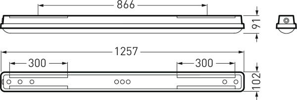 Technische Zeichnung einer Leuchte mit Abmessungen: Länge 1257 mm, Breite 91 mm, Höhe 102 mm. Seitenansicht zeigt Befestigungspunkte.