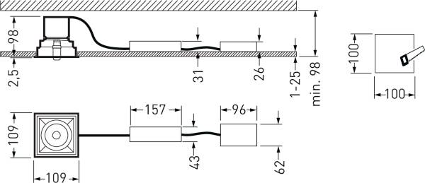 Einbauplan zeigt Maße und Abstände für die Installation eines quadratischen Einbauleuchte mit Kabelverbindungen. Maße in Millimetern.