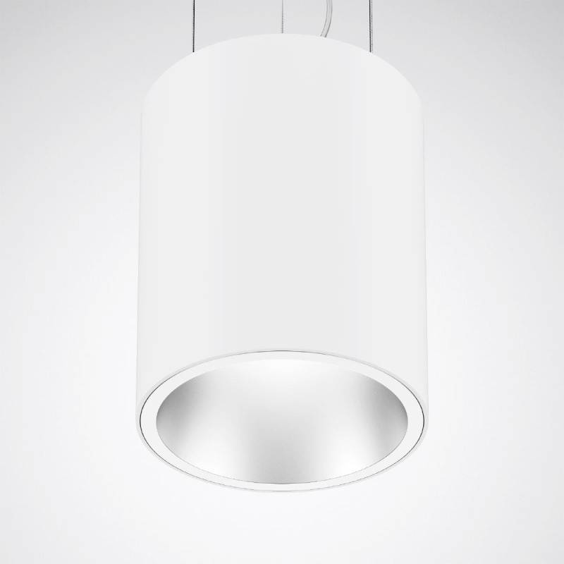 Eine moderne, zylindrische, weiße Hängelampe vor einem neutralen Hintergrund.