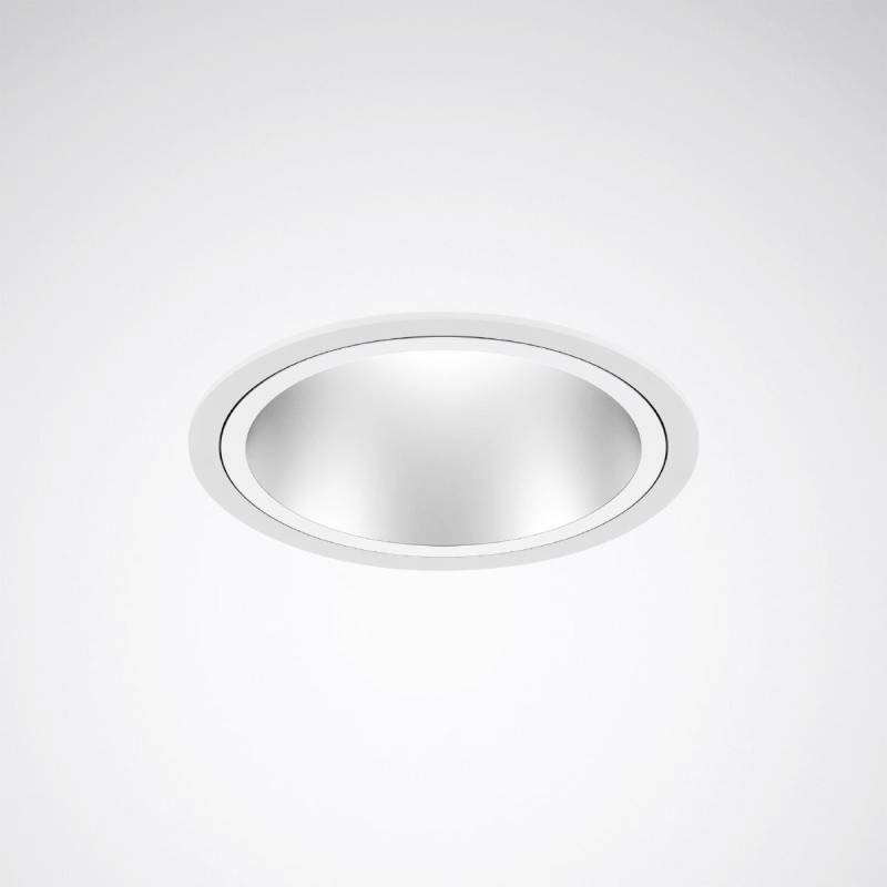 Eine kreisförmige Deckenleuchte in einem schlichten, modernen Stil. Sie hat einen weißen Rand und strahlt gleichmäßig Licht aus.