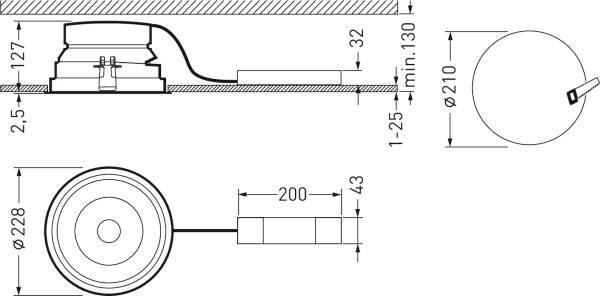 Technische Zeichnung eines Einbaulautsprechers mit Kabelanschluss. Maße: Durchmesser 210 mm, Tiefe 32 mm. Kabel 200 mm lang.