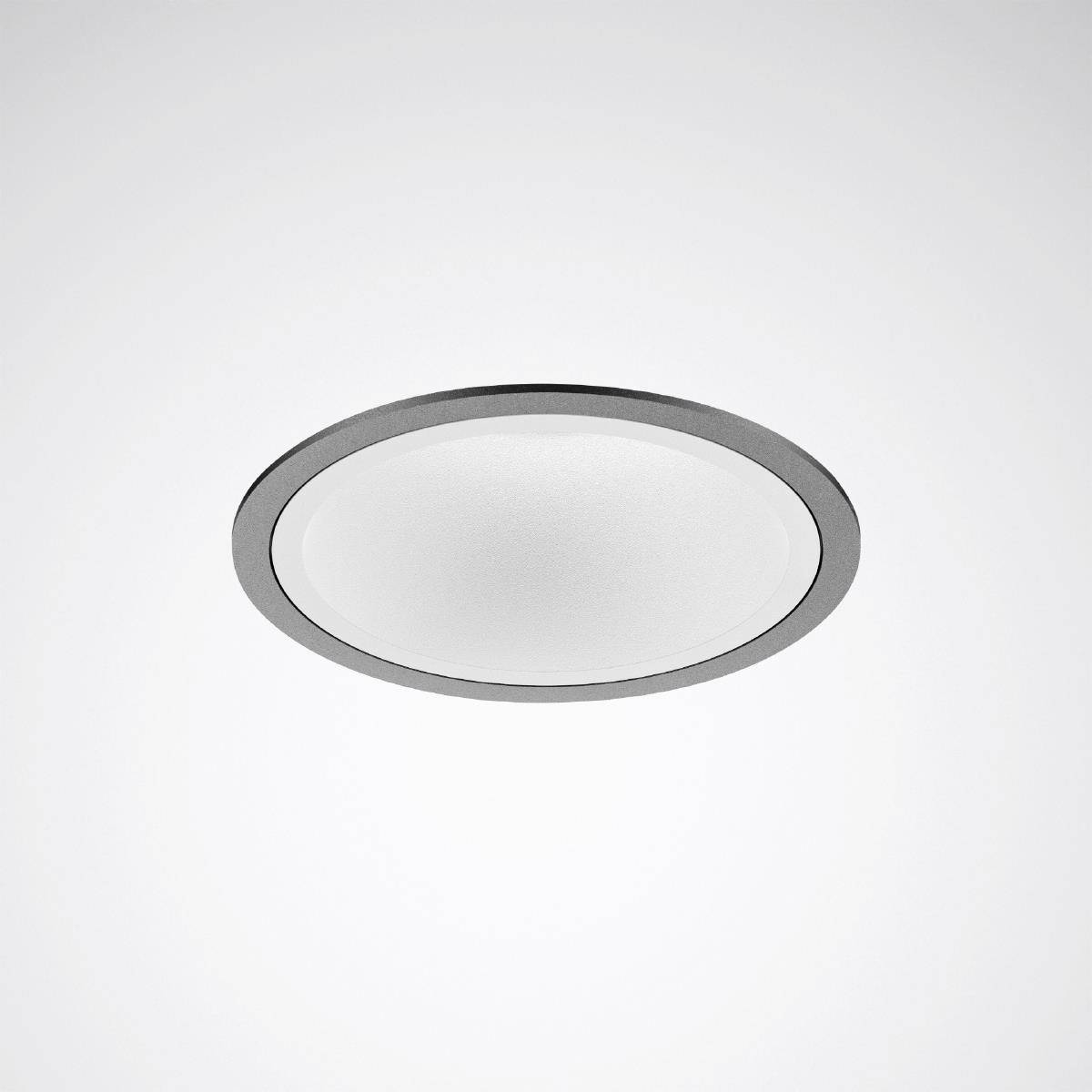 Einlegeleuchte mit rundem, modernem Design, bestehend aus einem weißem Glasmittelteil und einem schmalen schwarzen Metallrand.