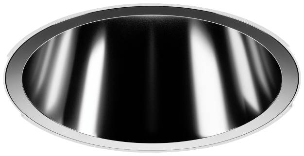 Eine halbrunde, glänzende Metalloberfläche, die wie ein Reflektor in einem weißen Rahmen erscheint.