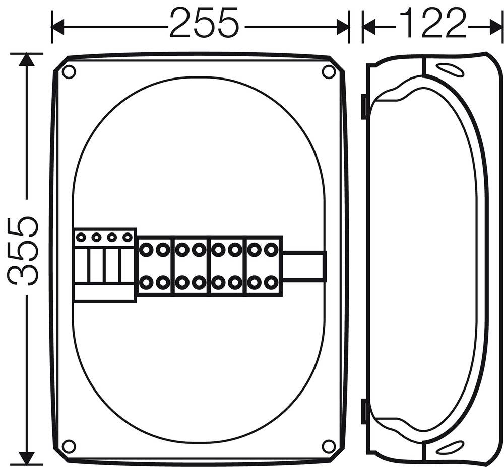 Diagramm einer elektrischen Verteilerdose mit Abmessungen: 355 mm Höhe, 255 mm Breite, 122 mm Tiefe. Zeigt Anschlüsse im Inneren.