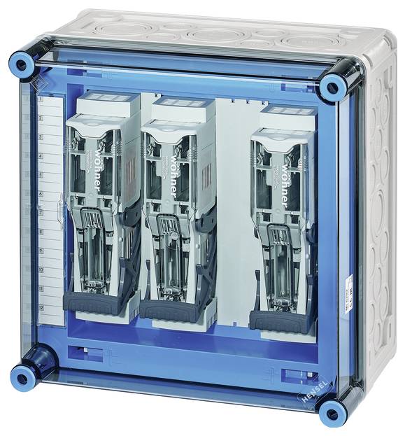 Transparenter Sicherungskasten mit drei sichtbaren Sicherungen in einem blauen Gehäuse.