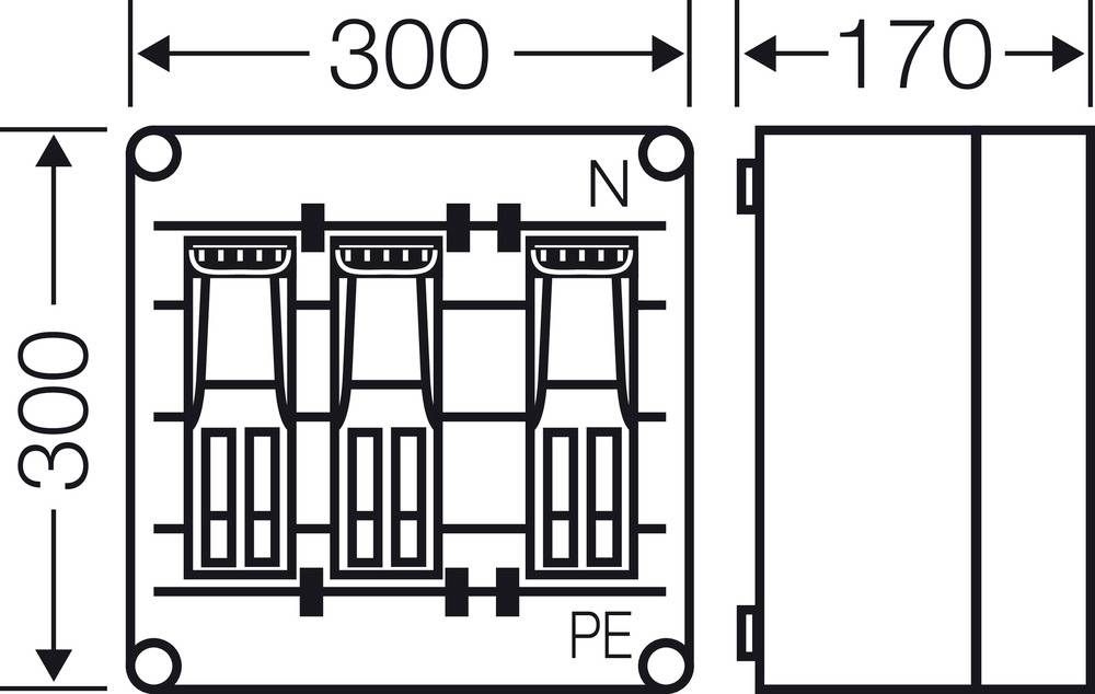 Dreiphasen-Schaltschrank, 300x170 mm, Einbauanleitung. Klemmen: N und PE markiert, Vorder- und Seitenansicht gezeigt.