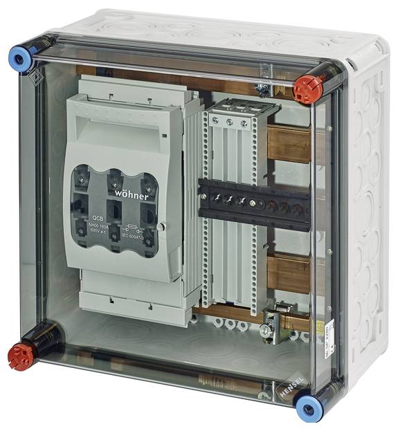 Elektrischer Schaltschrank mit transparentem Gehäuse zeigt interne Komponenten, darunter Sicherungs- und Verteilerklemmen.