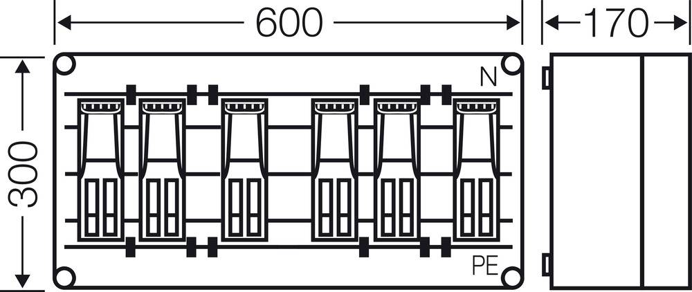 Schaltplan eines elektrischen Verteilerkastens mit fünf Sicherungen, Abmessungen 600x300 mm. Rechte Seite zeigt Anschlussdetail.