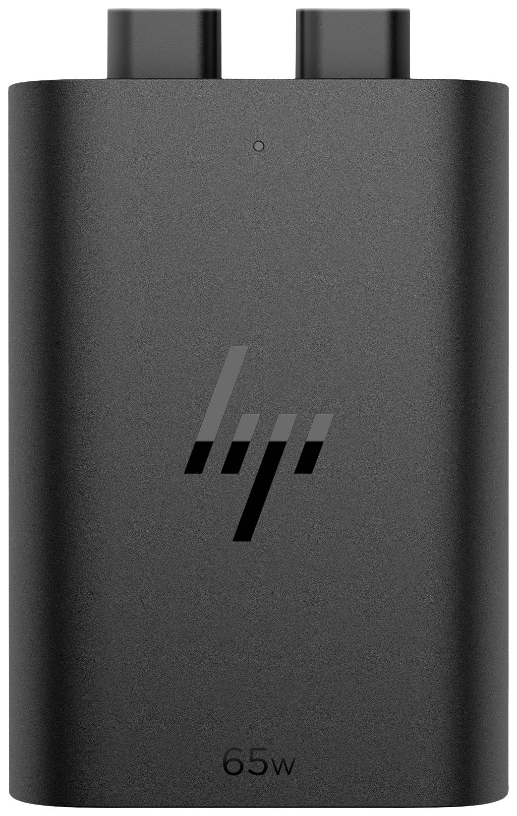 Ein schwarzes tragbares Ladegerät mit zwei USB-C-Ausgängen und einem aufgedruckten Logo. Text '65w' und 'HP' (Logo) sichtbar.